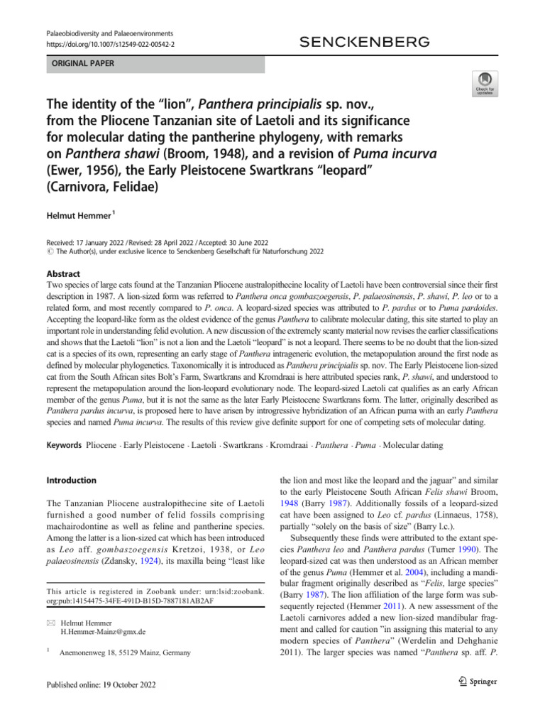 原初 豹（Panthera Principialis） | PDF | Panthera | Felidae