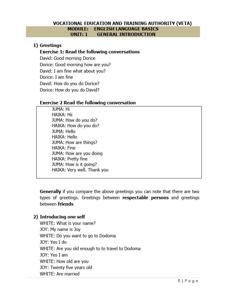 VETA English Language Basics Guide | PDF | Communication | Sentence ...