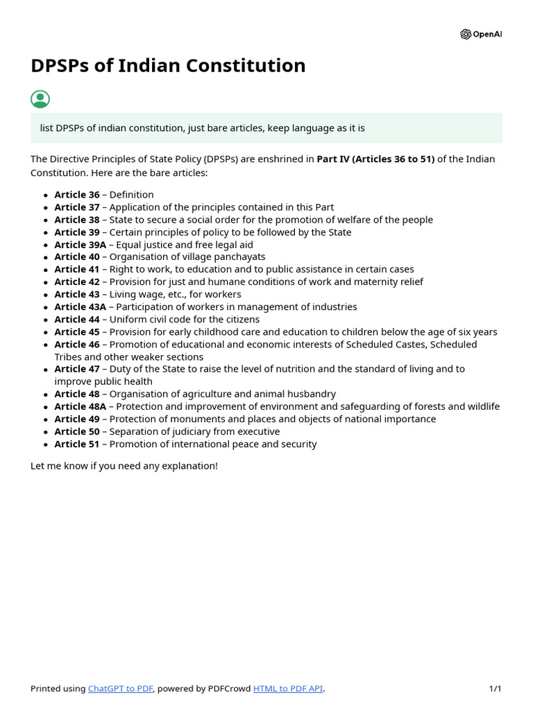 DPSPs in Indian Constitution: Articles List | PDF
