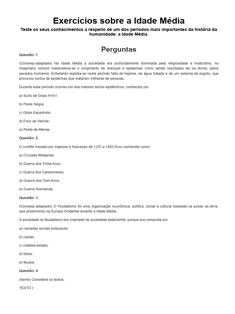 Exercícios sobre a Idade Média | PDF | Império Bizantino | Idade Média