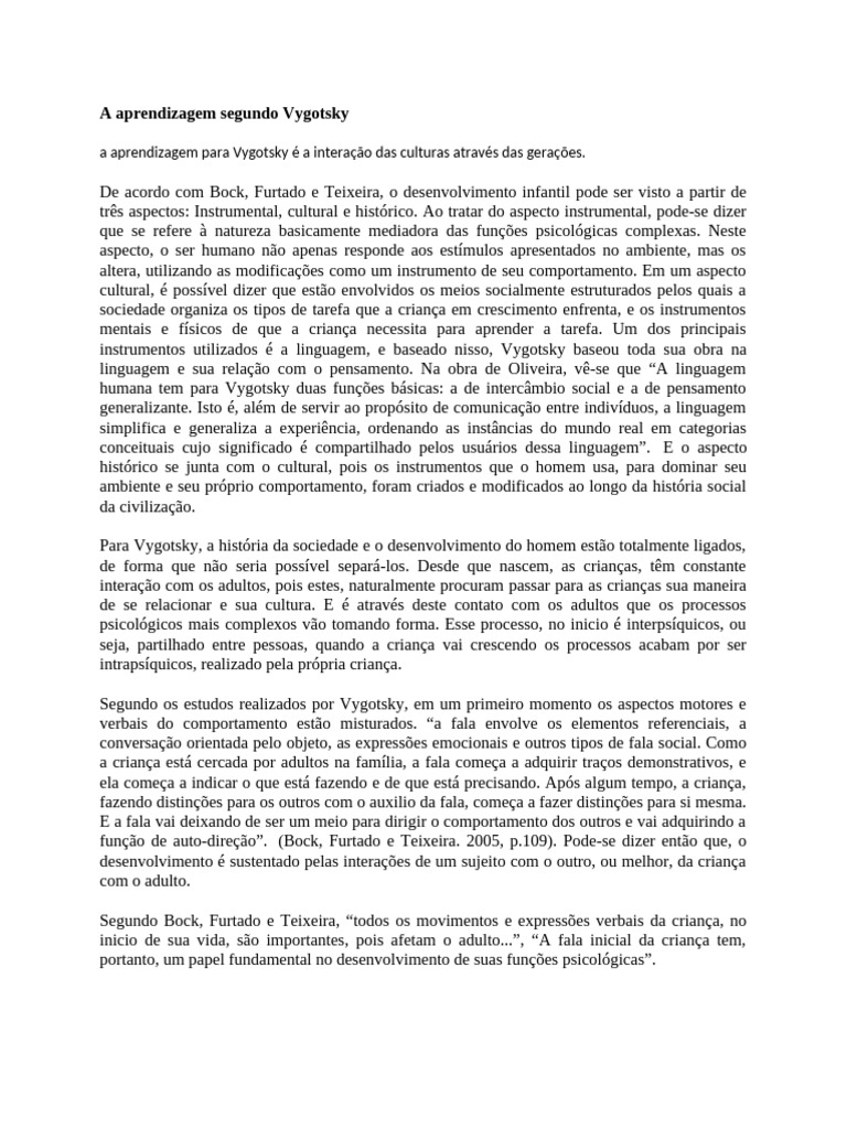 Aprendizagem e Relação Professor-Aluno segundo Vygotsky | PDF ...