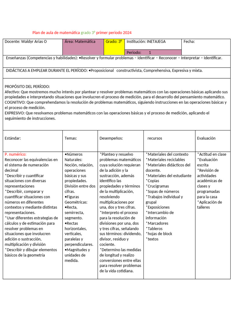 Plan de Aula Matemática 3° Grado 2024 | PDF | Geometría | Números