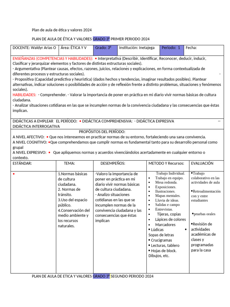Plan de Aula Ética y Valores 3° 2024 | PDF | Las emociones | Salón de ...