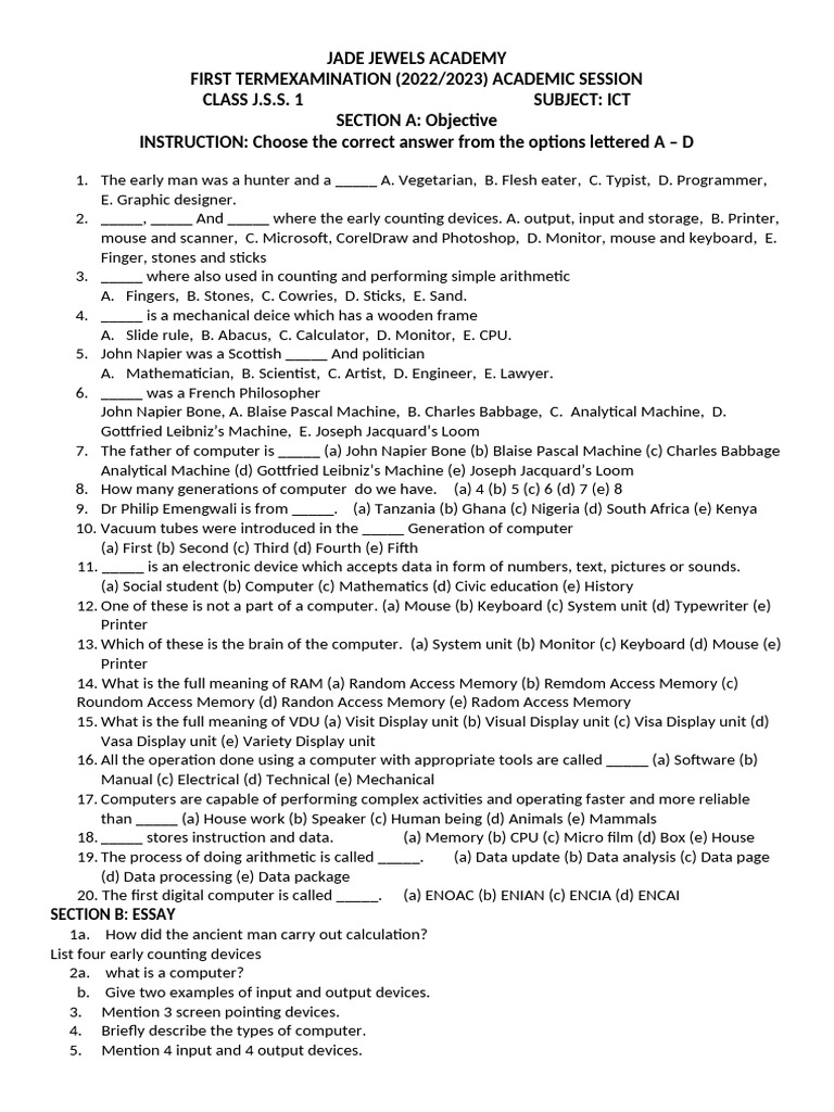 JSS1 ICT First Term Exam Questions | PDF | Random Access Memory ...