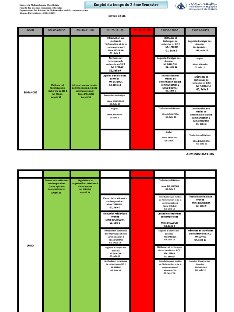 Emploi du temps L2 SIC 2024-2025 | PDF | la communication