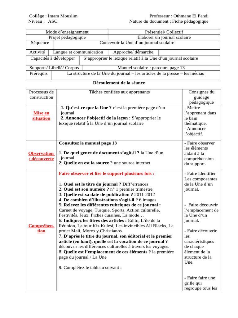 Lexique de la Une d'un journal scolaire | PDF | Pédagogie