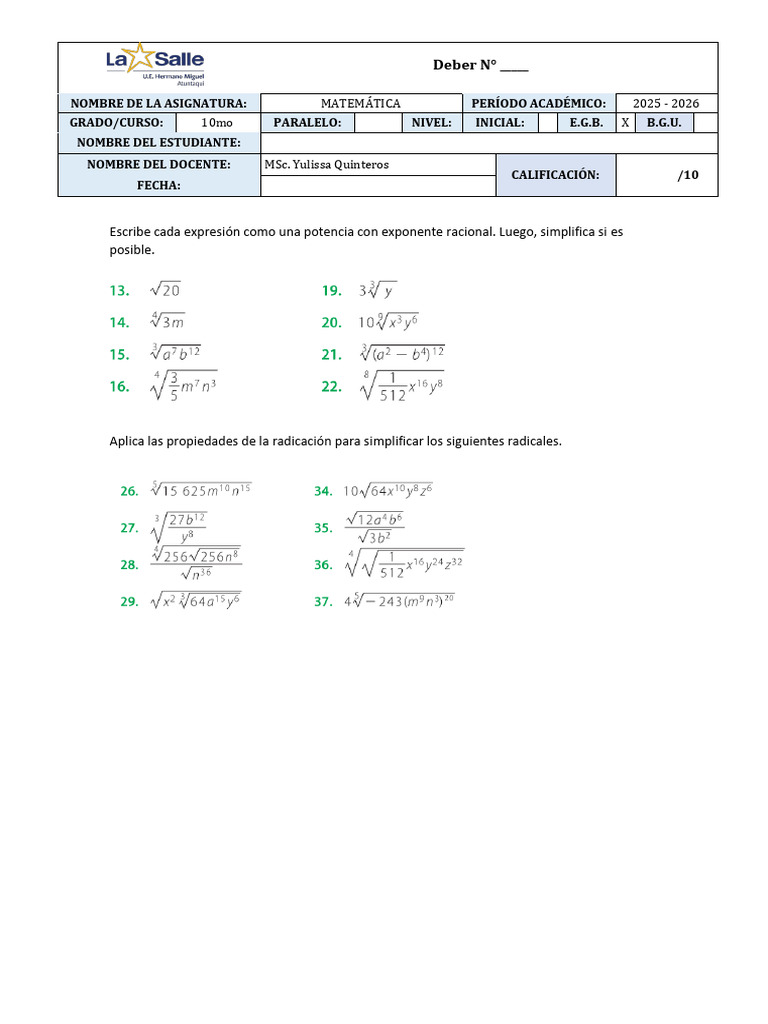 Propiedades De La Radicación Aplicación 1 Pdf