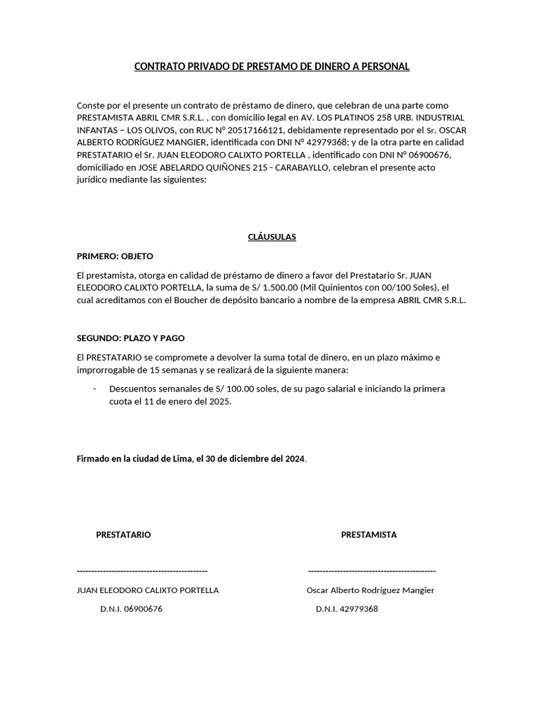 CONTRATO PRIVADO DE PRESTAMO DE DINERO A PERSONAL | PDF