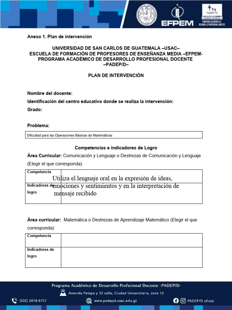 Plan de Intervención Educativa USAC | PDF