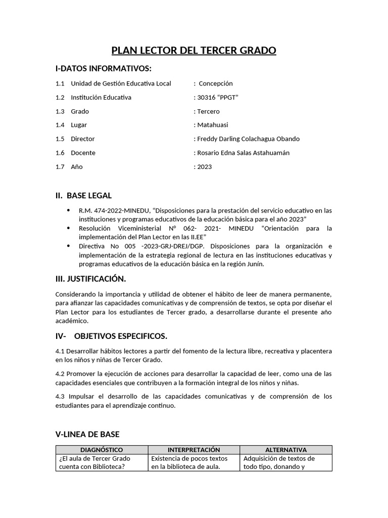 Plan Lector para Tercer Grado 2023 | PDF | Maestros | Educación primaria