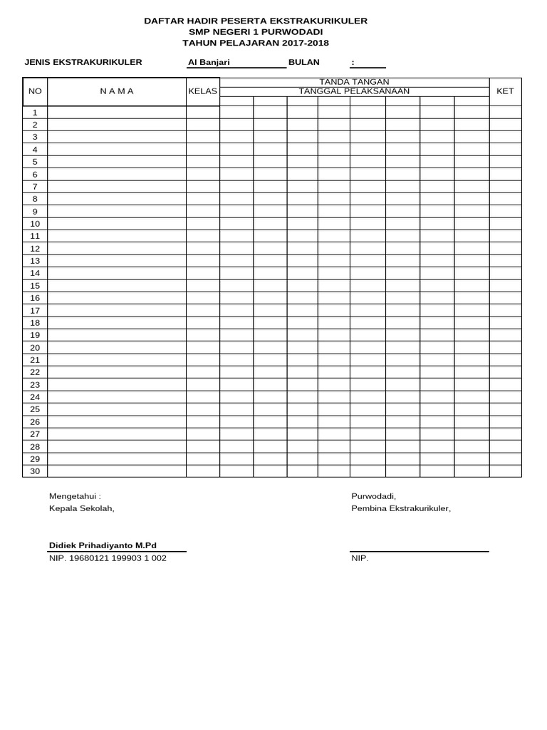 FORMAT ABSEN ESKUL peserta 2017-2018 | PDF