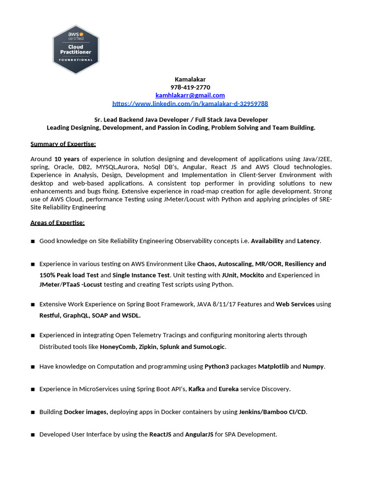 Kamalakar - Lead Java FullStackDev | PDF | Spring Framework | Angular Js