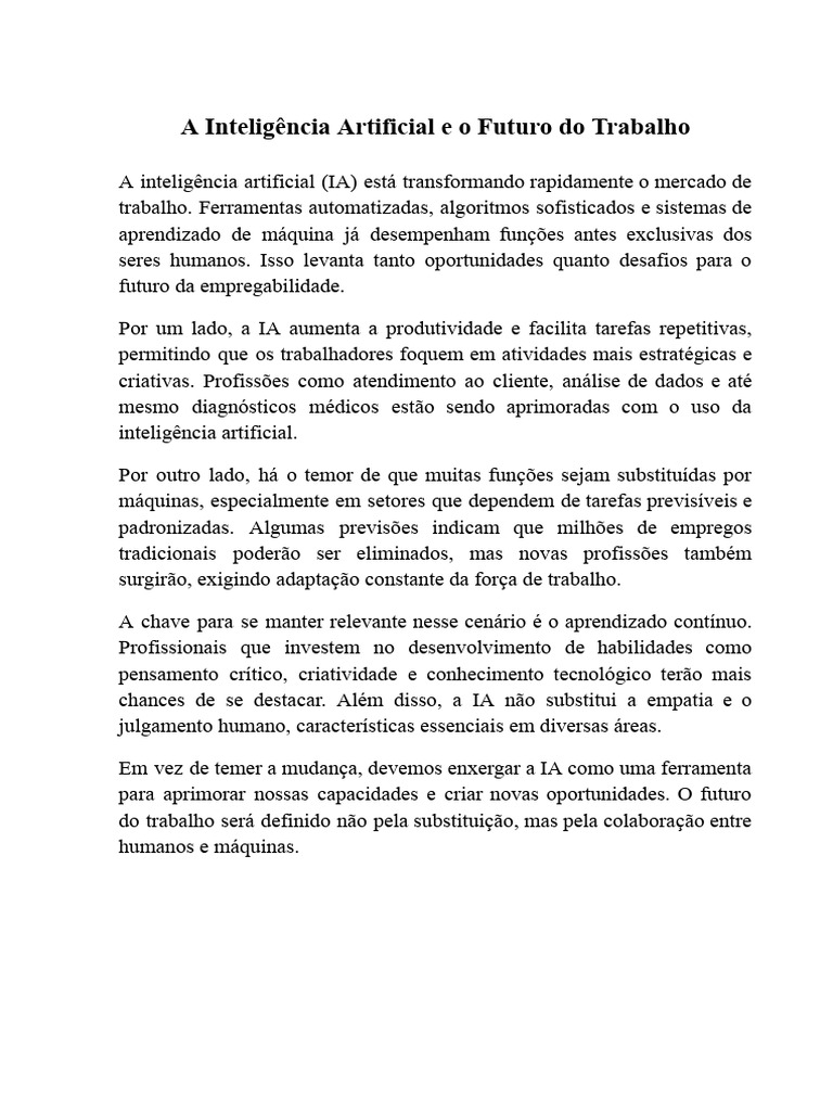 A Inteligência Artificial e o Futuro Do Trabalho | PDF