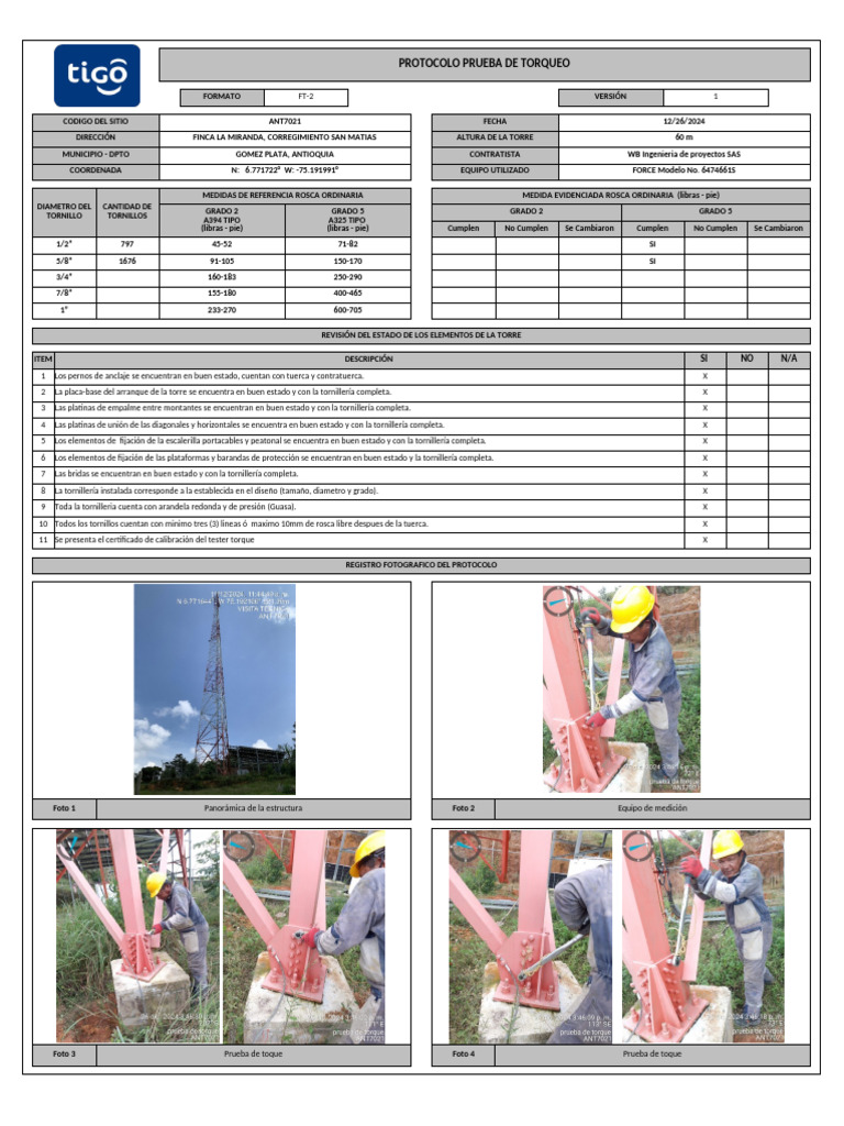 Protocolo de Torqueo en Torre de 60m | PDF | Tornillo | Herramientas