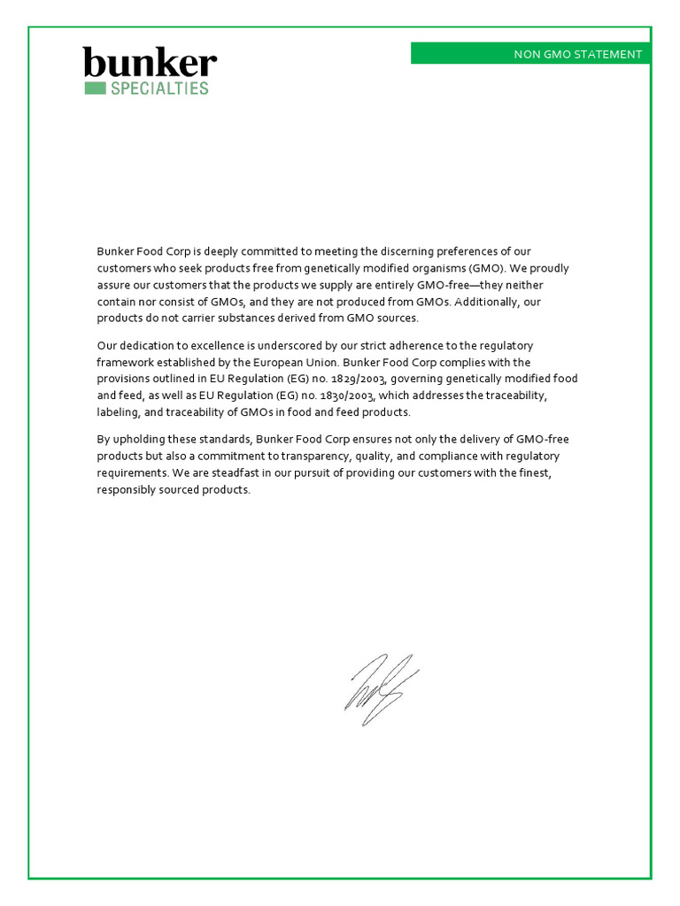 Bunker Foods Non-GMO Commitment Statement | PDF