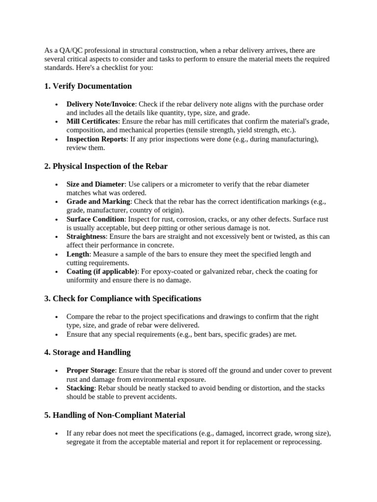 Rebar Delivery Inspection Checklist | PDF | Building Engineering ...