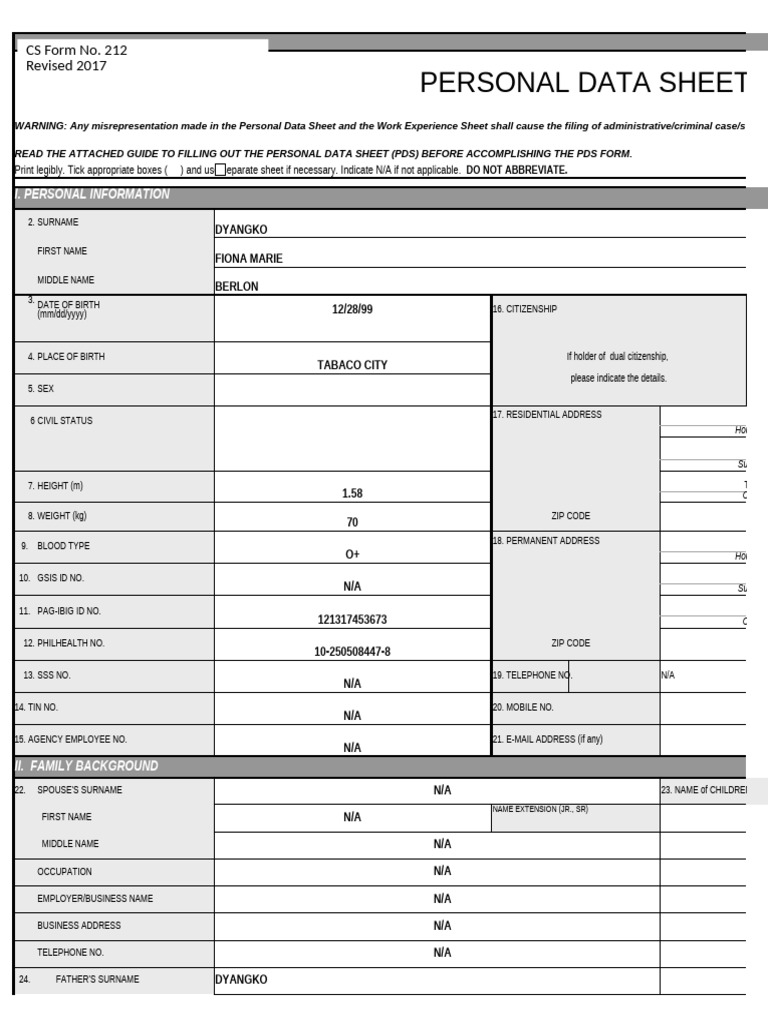 CS Form No. 212 Personal Data Sheet Revised Filled | PDF | Government