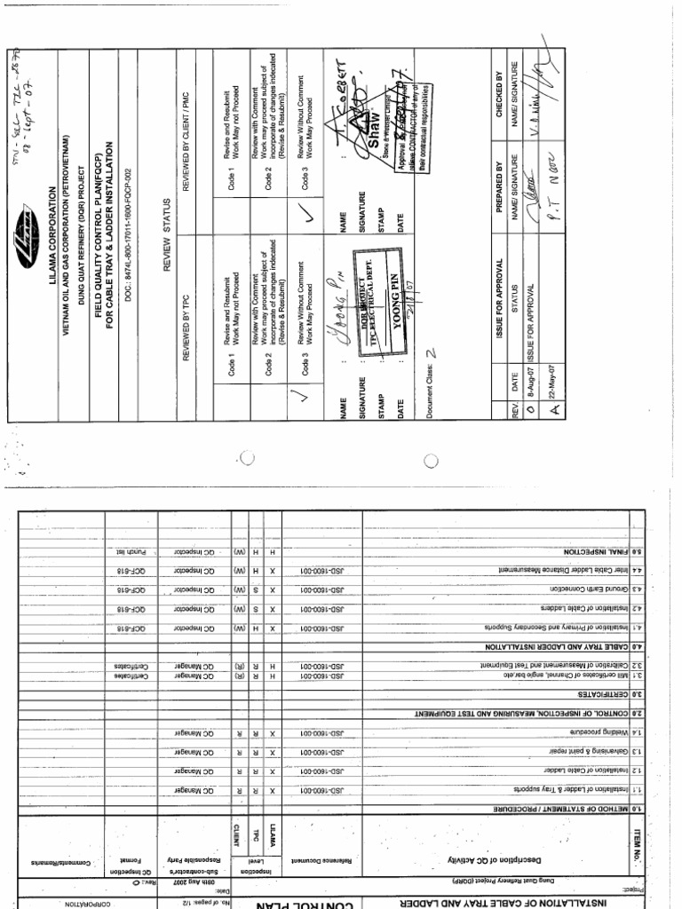 Field Quality Control Plan For Cable Tray and Ladder Installation (1600 ...