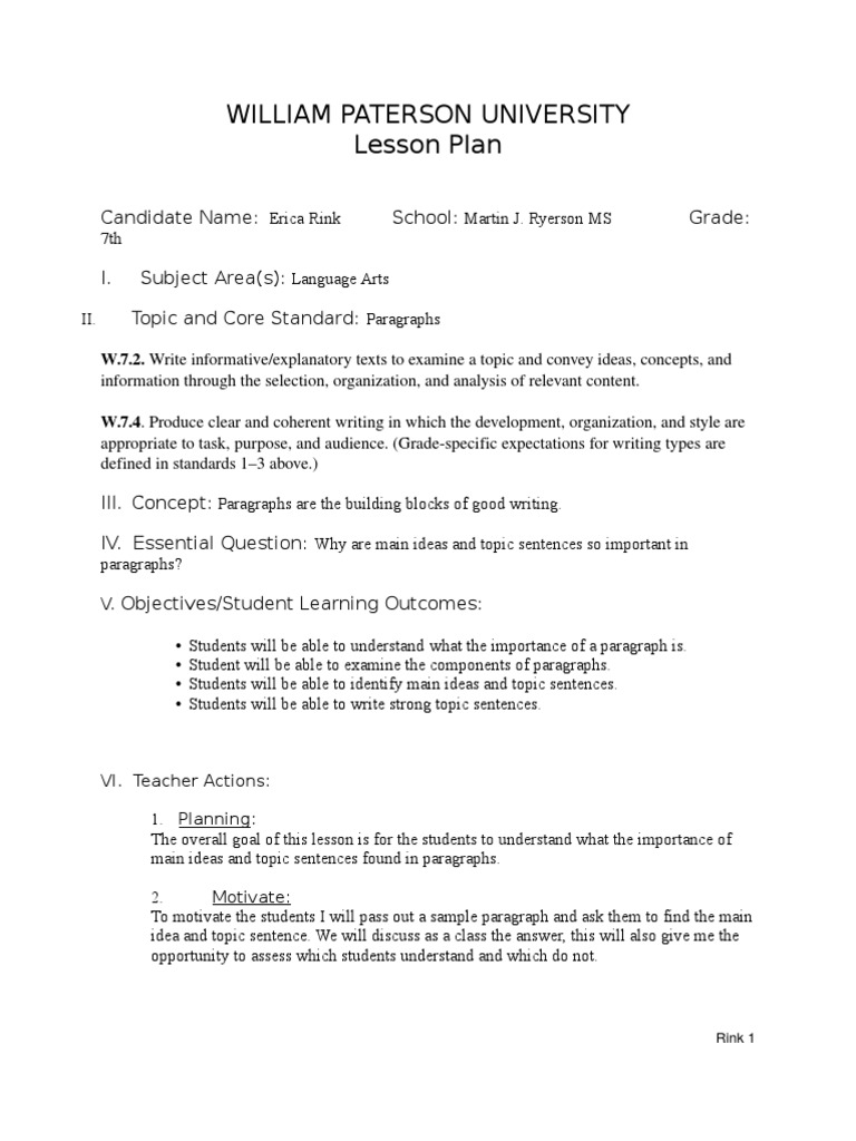 William Paterson University Lesson Plan: Candidate Name: School: Grade ...
