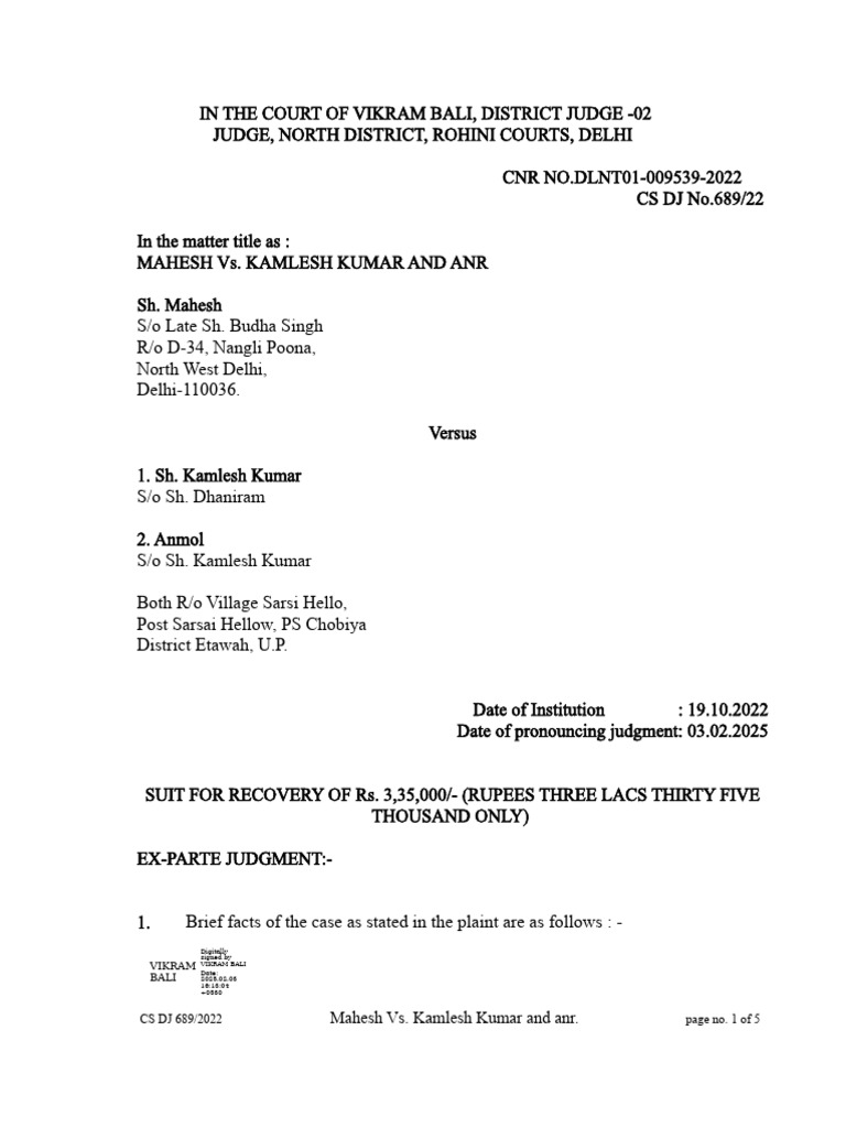Ex-Parte Judgment: Mahesh vs. Kamlesh Kumar | PDF | Debt | Interest
