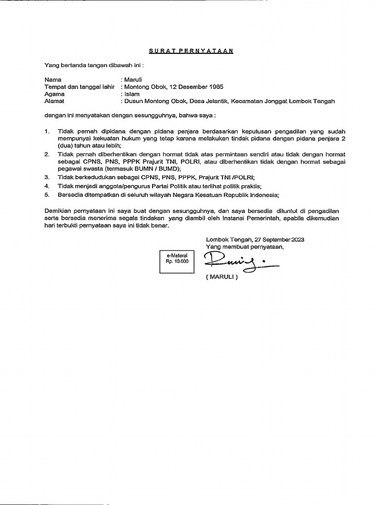 Surat Pernyataan Pdf Pdf