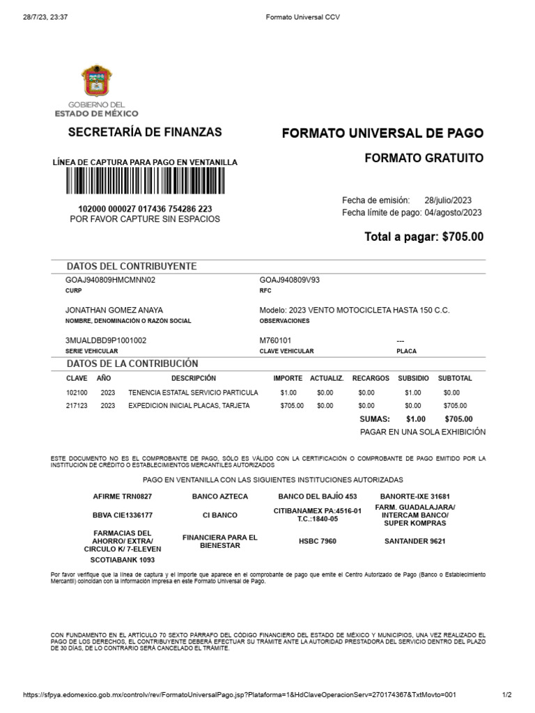 Formato Universal de Pago Tenencia 2023 | PDF | Economias | Bancos
