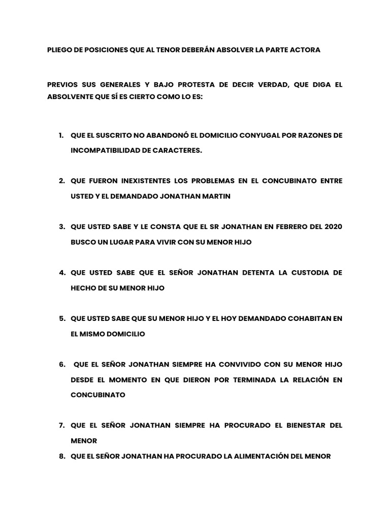 Pliego de Posiciones sobre Custodia y Pensión | PDF