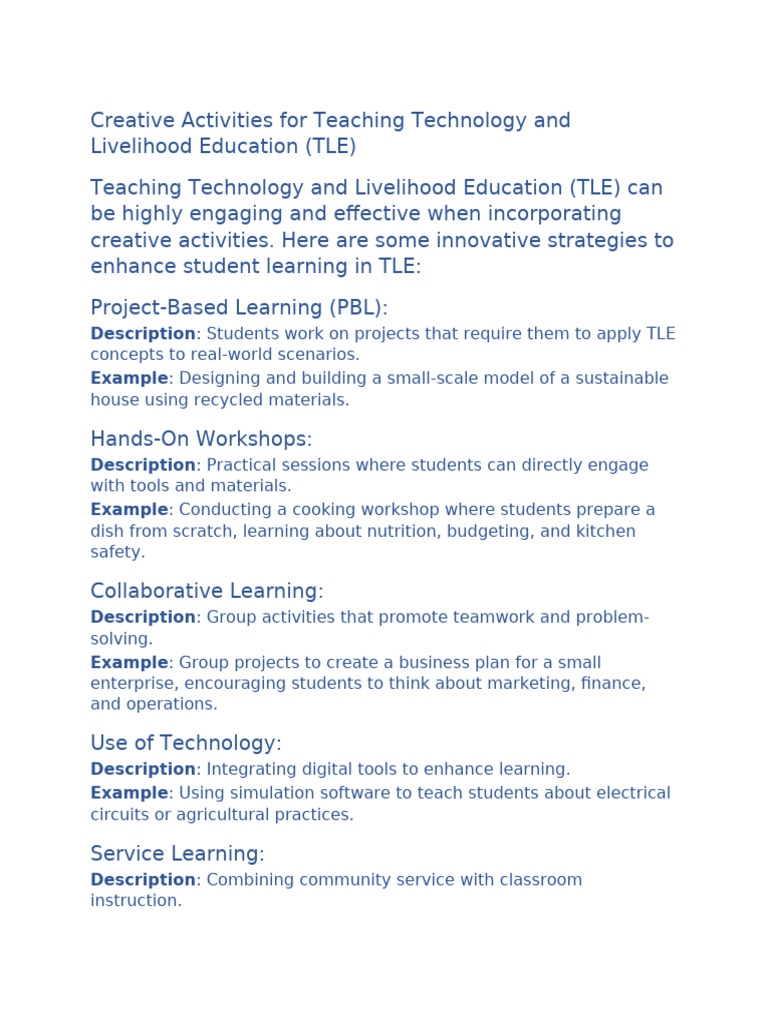 Creative TLE Activities and Lesson Plan | PDF | Cognition | Learning