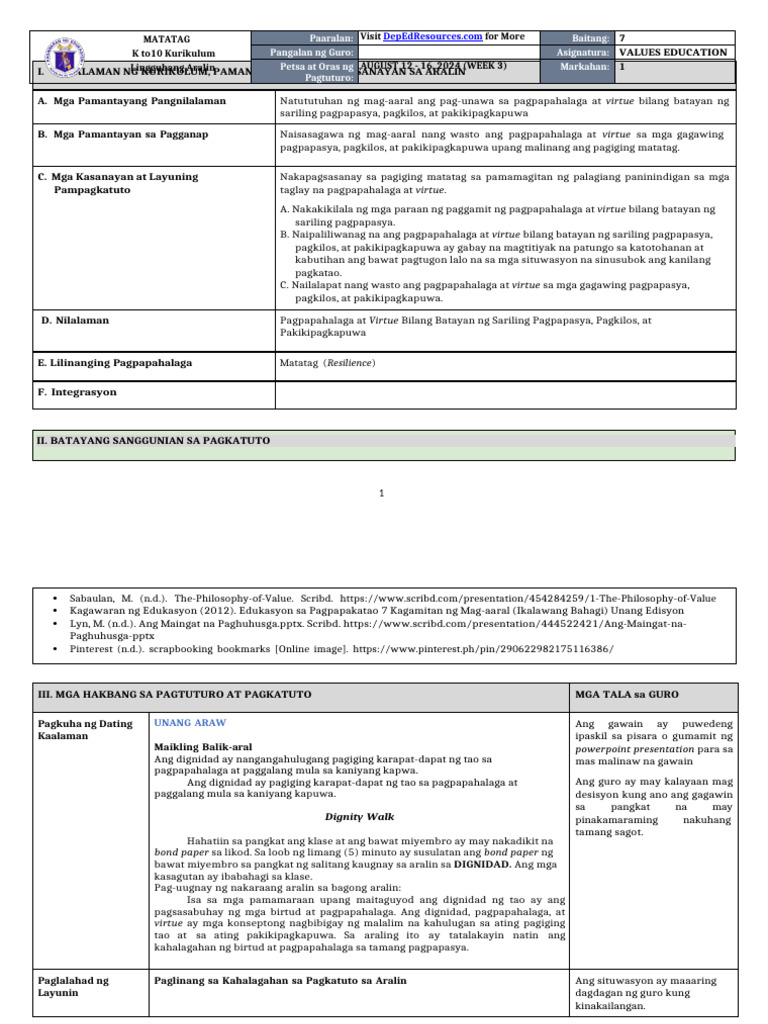 DLL Matatag - Values Education 7 q1 w3 | PDF