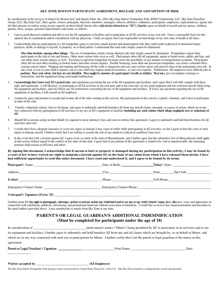 Sky Zone Boston Liability Waiver PDF Indemnity Risk