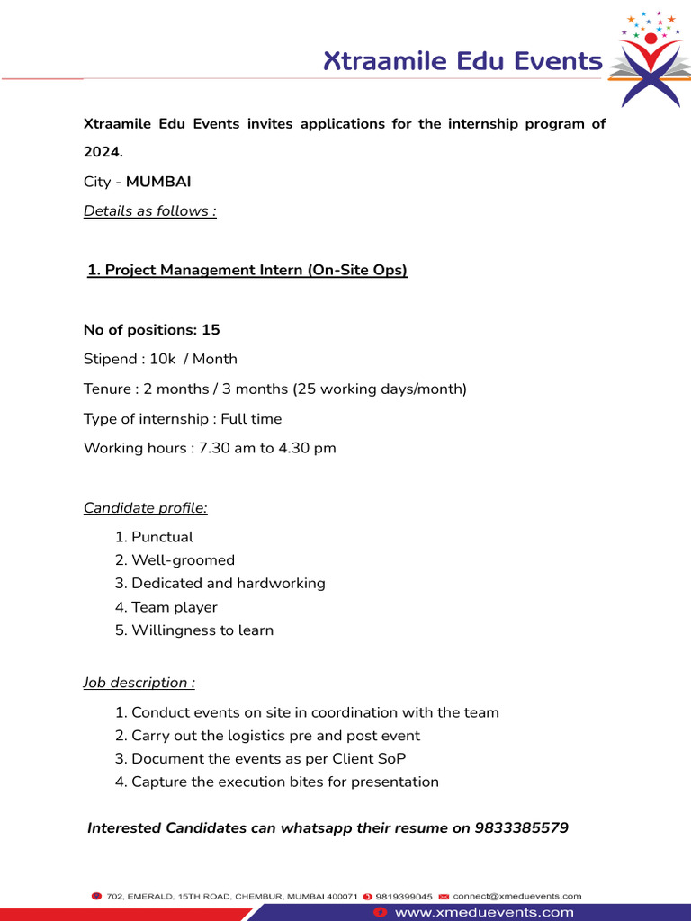 Xtraamile Edu Events Internship Openings | PDF