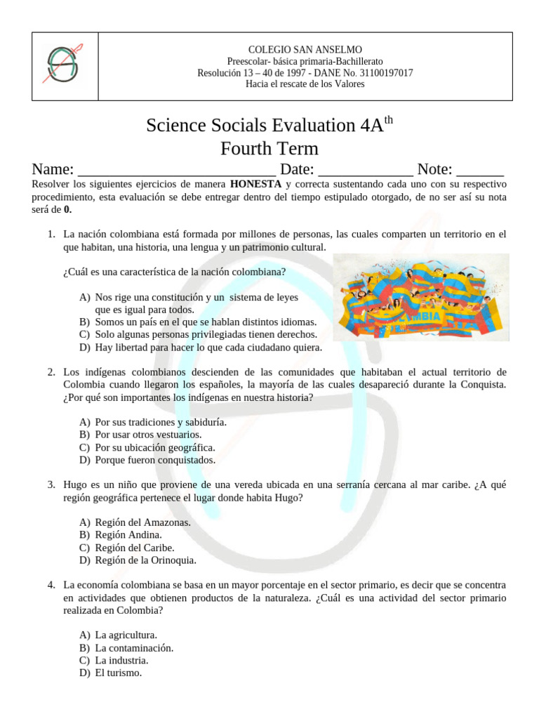 Evaluación de Ciencias Sociales 4to Grado | PDF | Colombia
