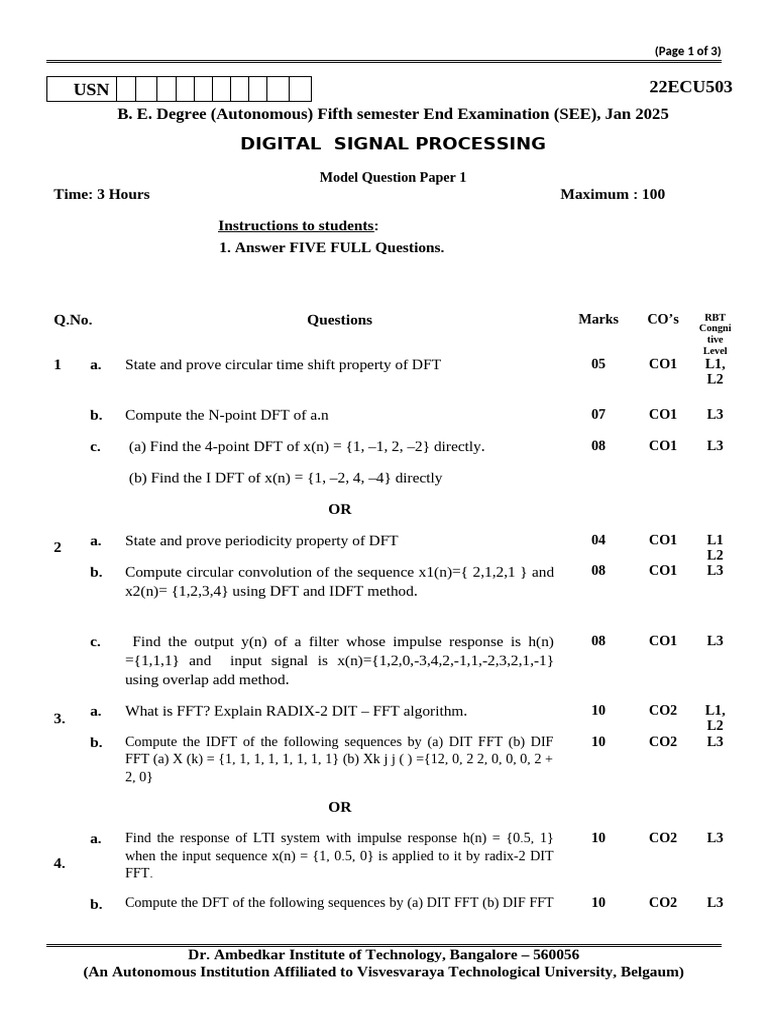 Digital Signal Processing Exam Paper | PDF | Discrete Fourier Transform ...