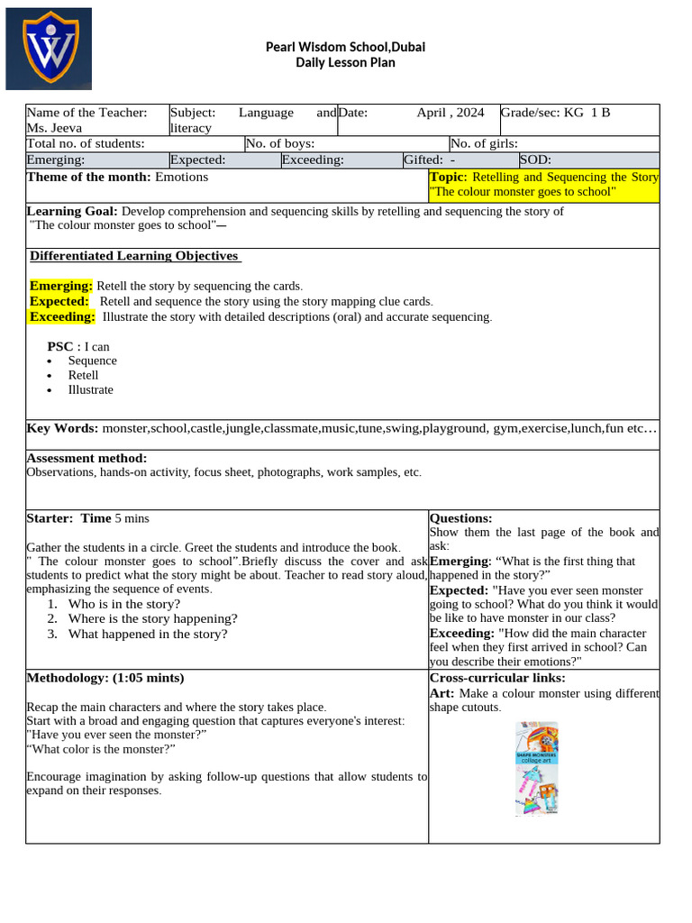 Colour Monster School Sequencing Activities | PDF | Lesson Plan ...