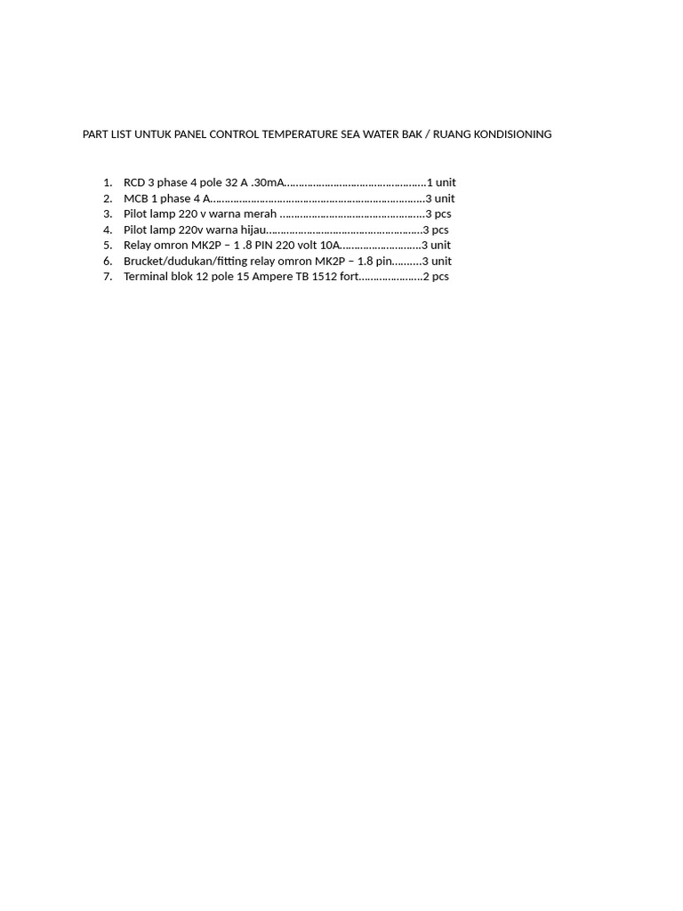 Part List Untuk Panel Control Temperature Sea Water Bak | PDF