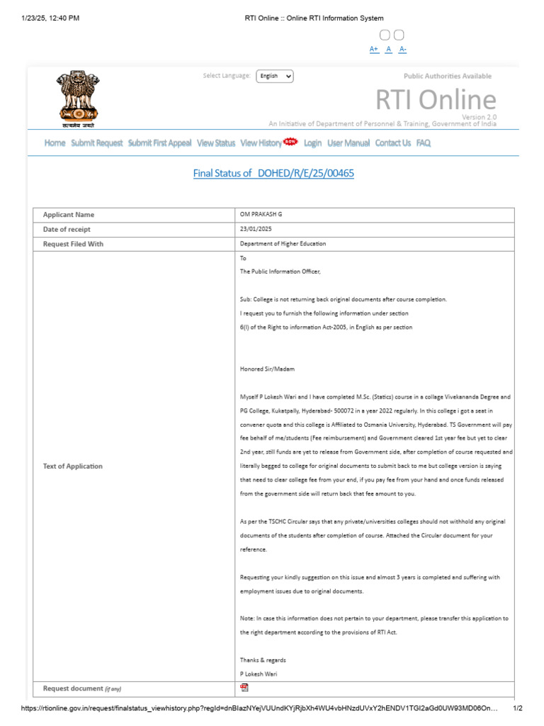 RTI Application for College Documents | PDF