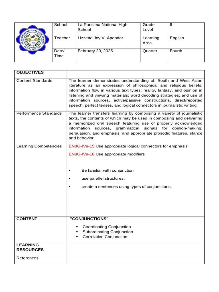 Conjunctions Lesson Plan for Grade 8 | PDF | Grammar | Language Mechanics