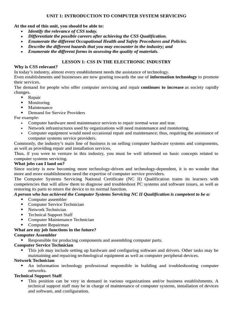 Unit 1 Introduction To Computer System Servicing | PDF | Technical ...