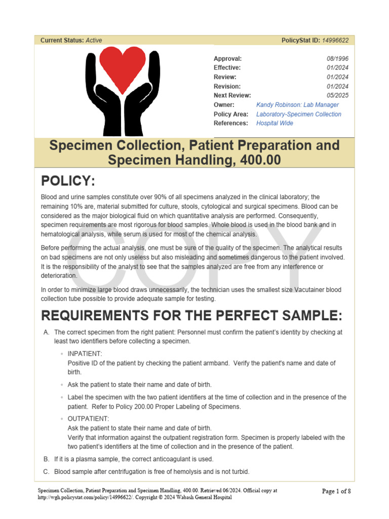 Specimen Collection and Handling Guidelines | PDF | Medical Specialties ...