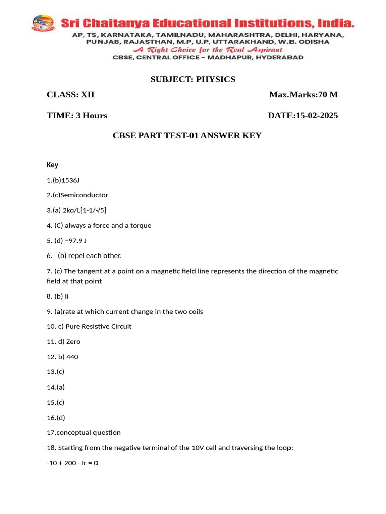 15 02 2025 Physics Part Test 01 Key Pdf Magnetism Ferromagnetism