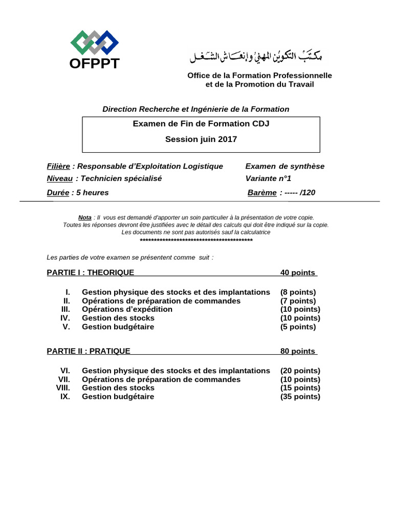 Examen Responsable Exploitation Logistique | PDF | Stock