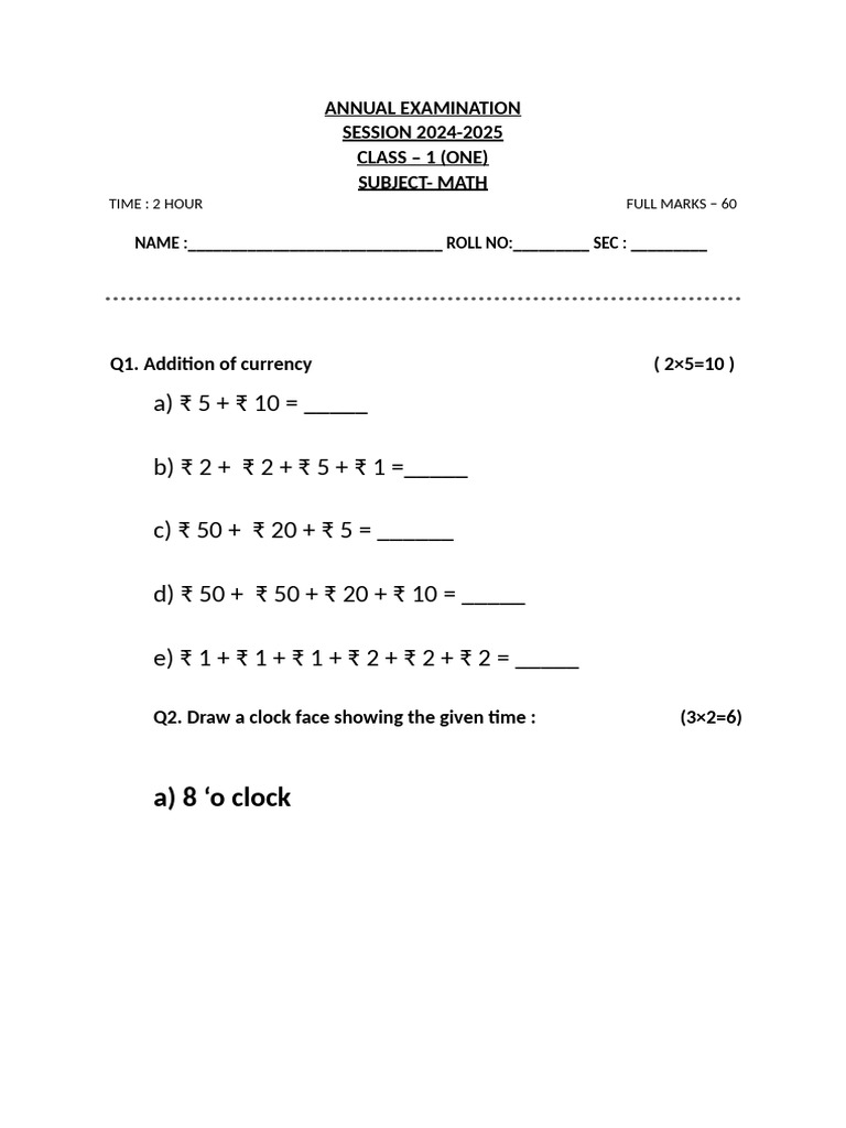 Class 1 Maths Exam Paper 2025 | PDF