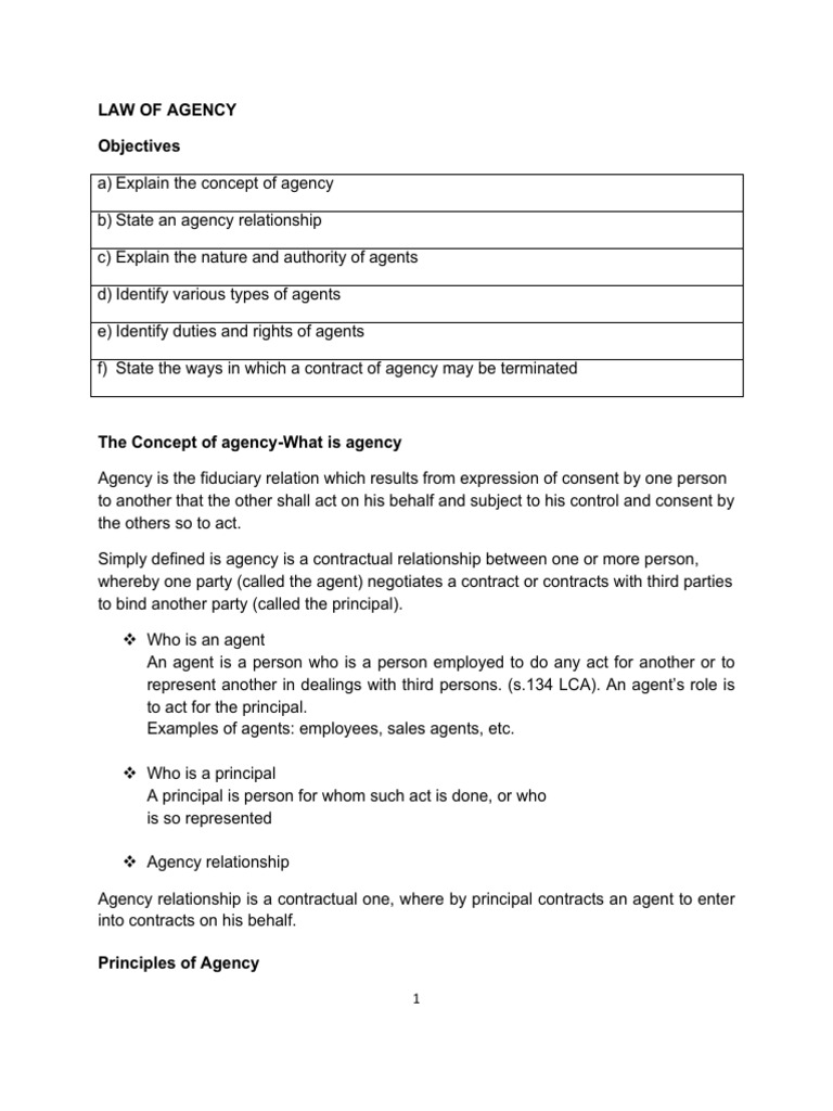 Class Notes On The Law of Agency | PDF | Law Of Agency | Vicarious ...