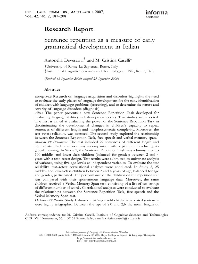 Sentence Repetition As A Measure of Early | PDF | Grammatical Number ...