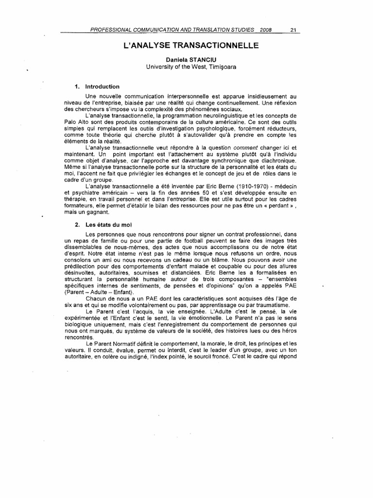 Analyse Transactionnelle en Entreprise | PDF | Psychologie