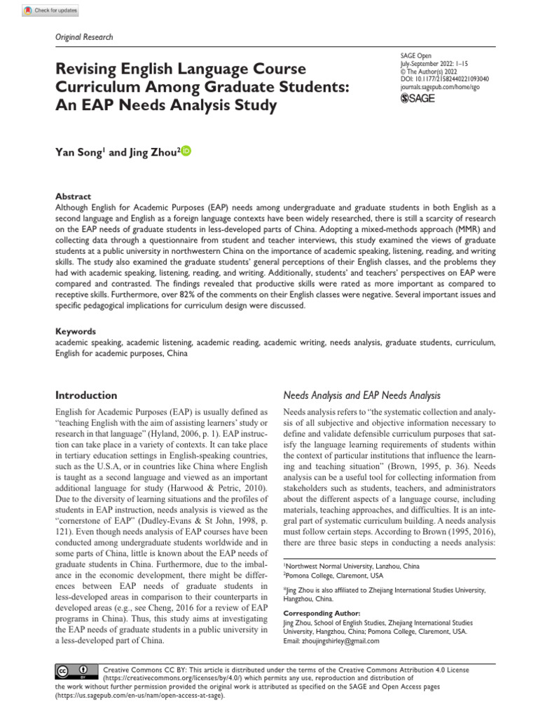 EAP Needs of Chinese Grad Students | PDF | Curriculum | Principal ...