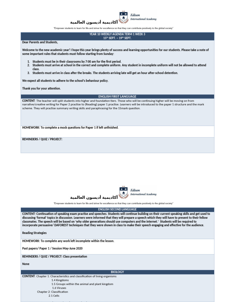 Week 3 - Y10 - Weekly Agenda 2 | PDF | Chemistry | Learning