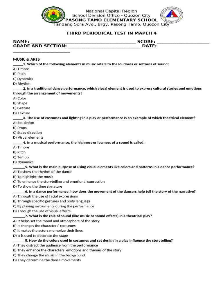Mapeh 4 Periodical Test Guide Pdf Foods Dances