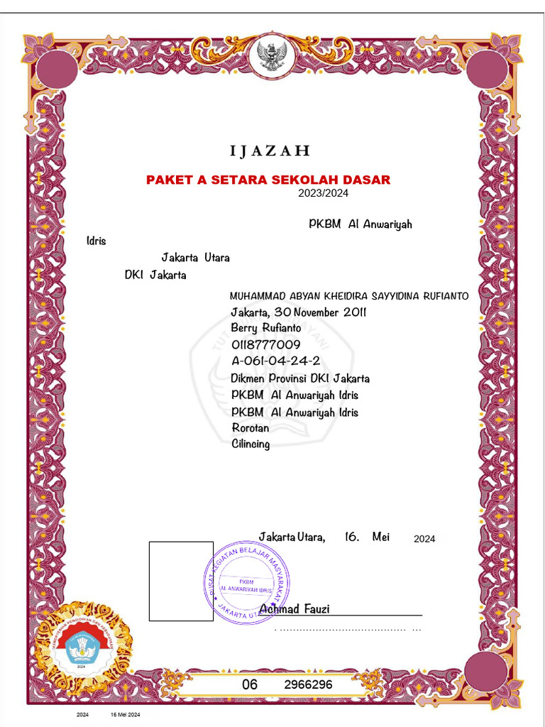 Ijazah Paket A Kesetaraan 2016 | PDF