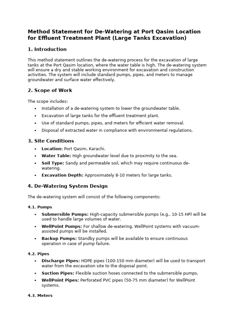 De-Watering Method Statement for Port Qasim | PDF | Groundwater | Pump